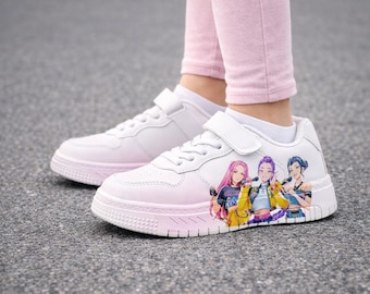 Kids Anime Sneakers, Cute Kpop Style Shoes for Girls, White Velcro Kids Sneakers, Breathable Casual Shoes, Back to School Gift