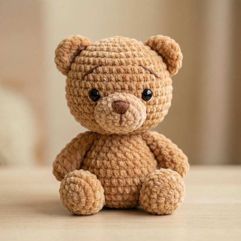 May include: A handmade, brown crochet teddy bear with black safety eyes and a small brown nose. The bear has a textured, plush appearance and is sitting upright. The bear's arms and legs are rounded, and it has small, rounded ears.