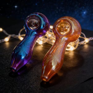 May include: Two glass pipes, one purple and blue, the other orange. Both have a floral design etched into the glass. The pipes are on a dark surface with a string of lights in the background. The pipes have a rounded bowl and a long, curved stem.