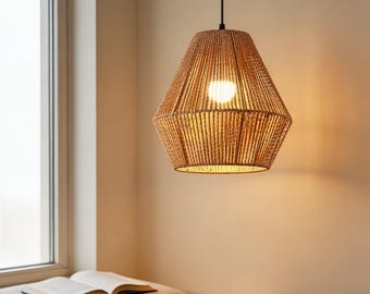 Rustic Rope Pendant Light Vintage Rattan Ceiling Lamp for Dining Room