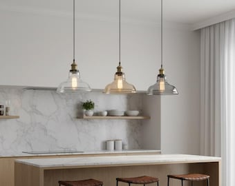 Industrial Glass Pendant Light Vintage Kitchen Island Hanging Lamp Clear Amber Smoke Ceiling Light