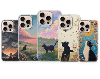Black Cat Phone Case Animal Print Cover for iPhone 17Pro Max, 16e, 15, 14, 13 & Samsung S25 Ultra, S24FE, A56, A16,Pixel 10XL, 9a, 8, 7
