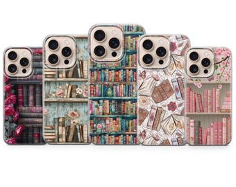 Boekenplank telefoonhoesje bloemen boekomslag voor iPhone 17 Pro Max, 16e, 15, 14, 13 en Samsung S25 Ultra, S24 FE, A56, A16, Pixel 10XL, 9a, 8, 7