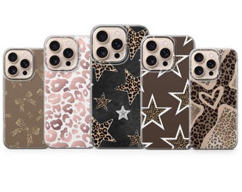 Leopard Print Phone Case Star Cover for iPhone 17 Pro Max, 16e, 15, 14, 13 & Samsung S25 Ultra, S24 FE, A56, A16, Pixel 10XL, 9a, 8, 7