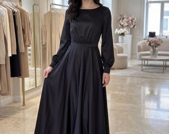 Black Dress With Sleeves Black Dress Silky Dress With Sleeves Wrap Silk  Dress Satin Dress Long Sleeve Graduation Dress Black Janne Dress - Etsy