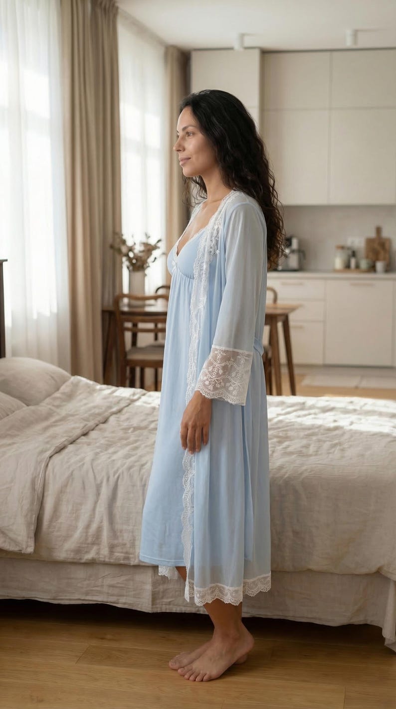 Women’s Sleepwear Set – Blue Nightgown and Transparent Lace Robe, Cozy ...