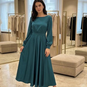 Long Sleeve Emerald Green Midi Dress - Etsy