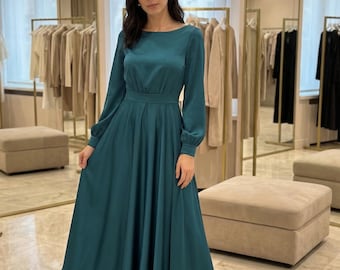 Vestido midi de satén verde esmeralda con mangas largas, elegante vestido con espalda abierta, vestido de satén verde oscuro, vestido de noche fluido para boda o fiesta.