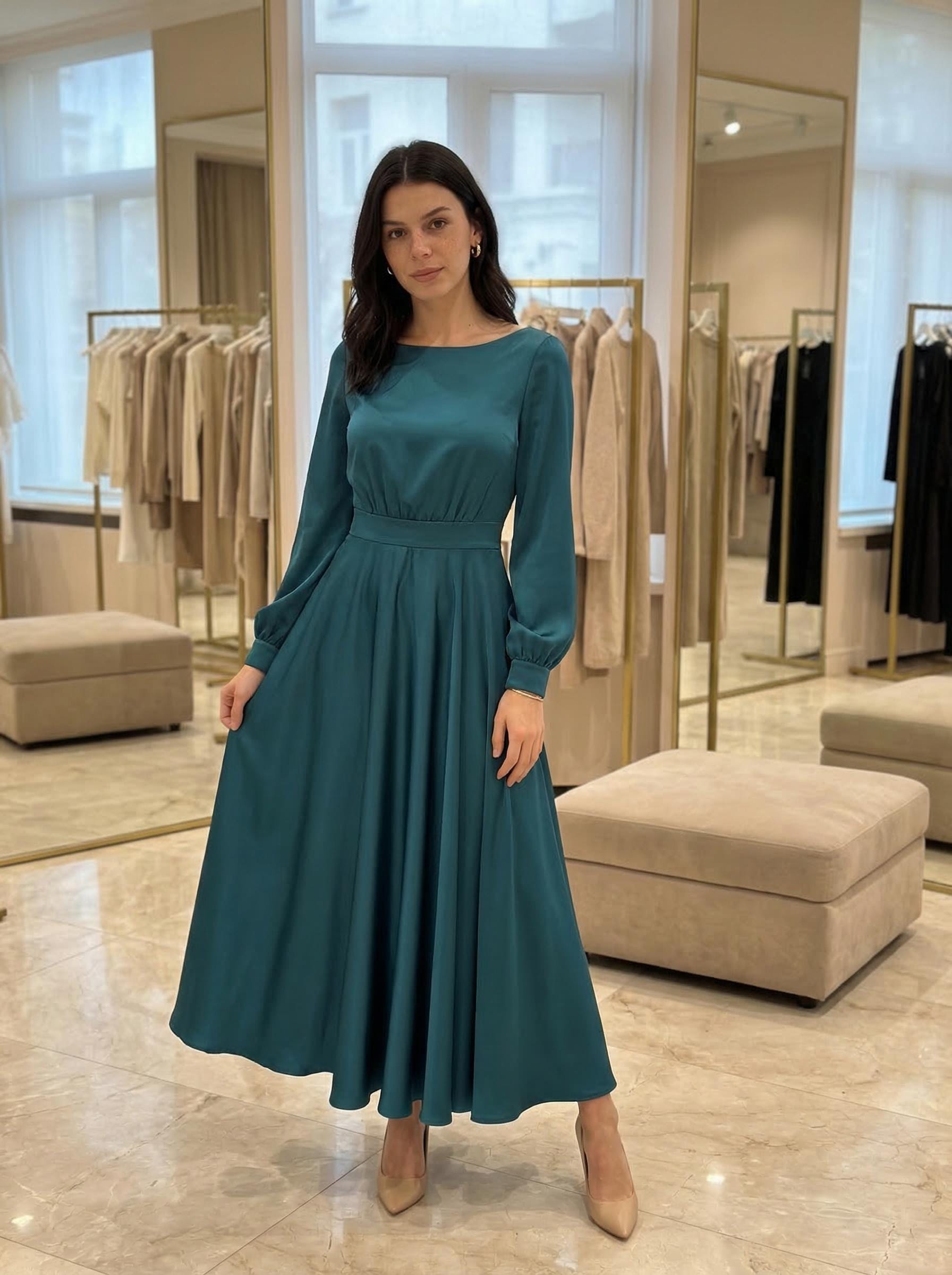 Long Sleeve Emerald Green Midi Dress - Etsy