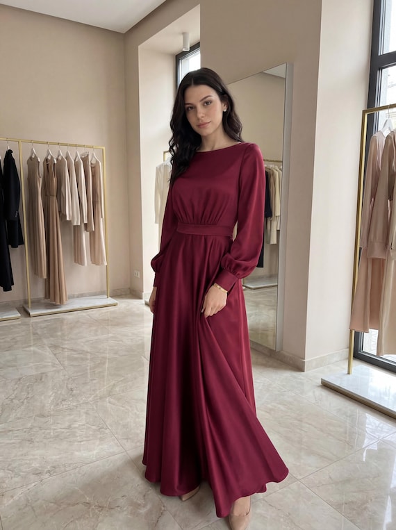 princess polly baby blue dress Mila Puff Sleeve Jacquard Floral Satin V-Neck Midi Dress - Burgundy |  Occasion Dress in Sizes XXS–6X main image 1