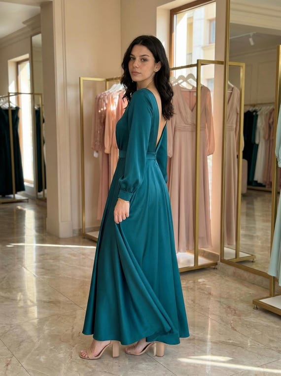 Buy Emerald Green Satin Midi Dress With Long Sleeves, Elegant Open Back  Dress, Deep Green Satin Gown, Flowy Evening Dress for Wedding or Party  Online in India