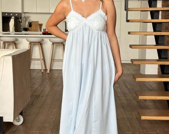 Cotton Lace Nightgown – Light Blue Spaghetti Strap Sleepwear