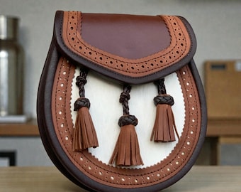 Handmade Brown Scottish Leather Sporran Bag for Kilt Weddings & Events