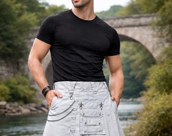 Witte utility-kilt voor heren Gothic cargozak Schotse festivalkleding