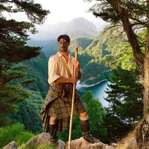 May include: A person wearing a cream-coloured long-sleeved shirt with a collar, a brown and grey plaid kilt with a leather belt, and dark knee-high boots. The person is holding a tall wooden walking stick while standing on a rocky mountain ledge.