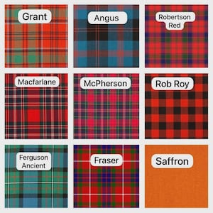 May include: A grid of nine fabric swatches featuring various tartan patterns and one solid orange colour. Each swatch is labelled with white text: Grant, Angus, Robertson Red, Macfarlane, McPherson, Rob Roy, Ferguson Ancient, Fraser, and Saffron.