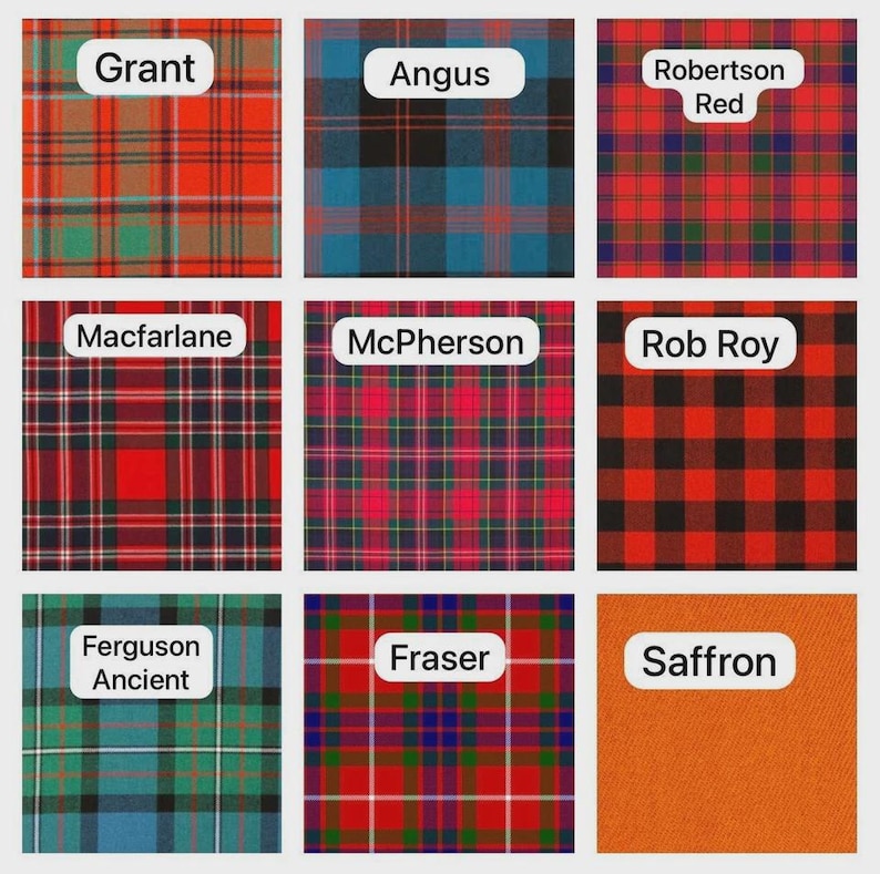 May include: A grid of nine fabric swatches featuring various tartan patterns and one solid orange colour. Each swatch is labelled with white text: Grant, Angus, Robertson Red, Macfarlane, McPherson, Rob Roy, Ferguson Ancient, Fraser, and Saffron.