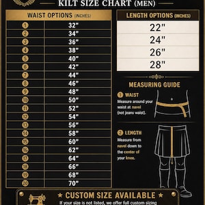 May include: A black Crovina kilt size chart with gold text. It lists waist options from 32 to 70 inches and length options from 22 to 28 inches. Includes a measuring guide for waist and length, plus a note stating custom sizes are available.