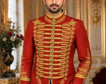 Red Hussar Jacket Mens Military Band Coat Gold Braided Parade Jacket