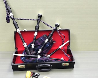 Great Scottish Highland Bagpipes Black Silver Mounts Set with Hard Case