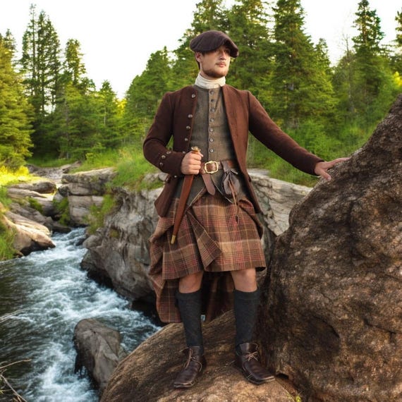 Scottish Men’s Brown Tartan Highland Wool Kilt Outfit Medieval Formal Wear