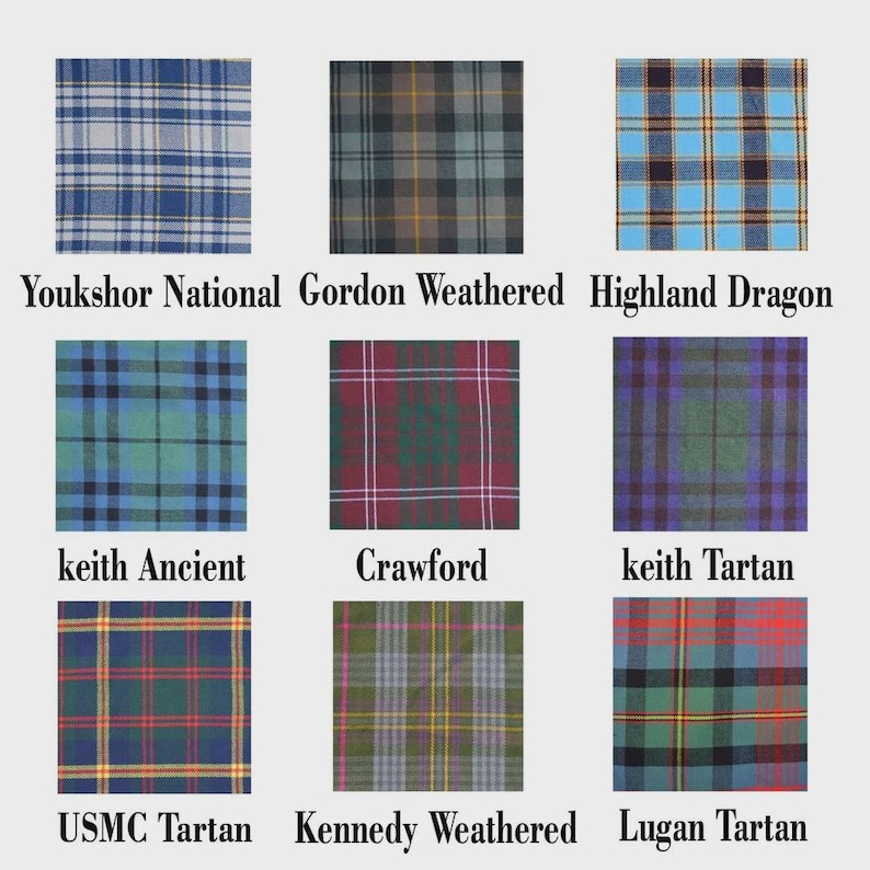 Op de afbeelding: Negen verschillende tartan stofstalen worden getoond, elk met een uniek patroon en kleurenschema. De stalen omvatten de namen: Youkshor National, Gordon Weathered, Highland Dragon, keith Ancient, Crawford, keith Tartan, USMC Tartan, Kennedy Weathered en Lugan Tartan.