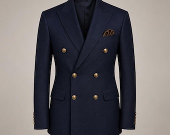 Custom Navy Double-Breasted Blazer: Gold Anchor Buttons, Wool Blend, Tailored Fit
