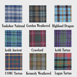 May include: A grid of nine fabric swatches featuring various plaid patterns. The labels include Youkshor National, Gordon Weathered, Highland Dragon, Keith Ancient, Crawford, Keith Tartan, USMC Tartan, Kennedy Weathered, and Lugan Tartan.
