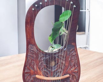 Handcrafted Wooden Lyre Harp | Floral Carved String Musical Instrument