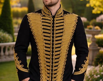 Men Black Military Jacket Gold Embroidered Hussar Steampunk Gothic Coat