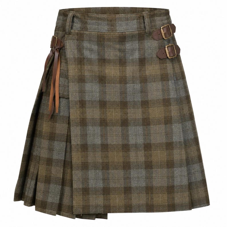 May include: A knee-length kilt featuring a brown and grey plaid pattern. The garment includes a flat front panel, pleated sides, and a waistband with two brown leather side straps with brass-toned metal buckles for an adjustable fit.