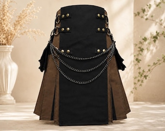 Handgemaakte utility-kilt voor heren zwartbruin – Tactical Gothic Streetwear-kilt