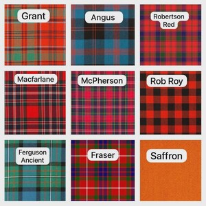 Op de afbeelding: Een raster van negen verschillende tartanpatronen, elk met een uniek kleurenschema en naam. De tartans zijn Grant, Angus, Robertson Red, Macfarlane, McPherson, Rob Roy, Ferguson Ancient, Fraser en Saffron. De patronen vari&euml;ren in kleur, met rood, blauw, groen en oranje.