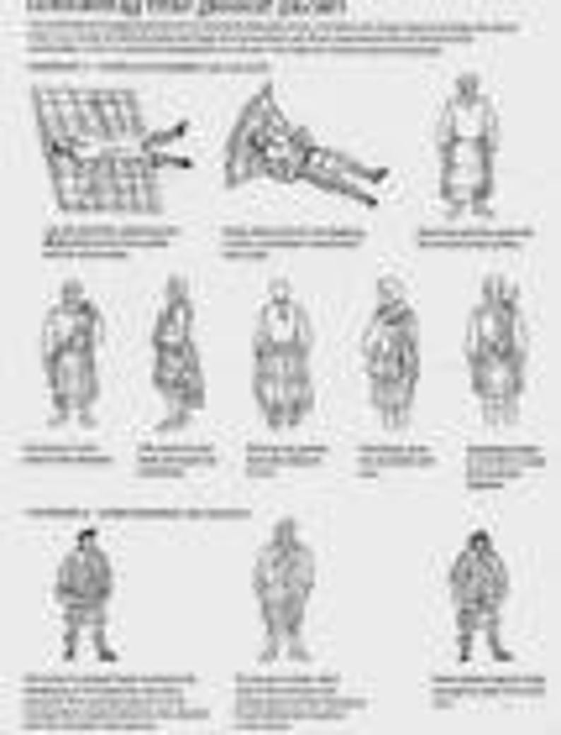 May include: A black and white instructional chart titled 'Wearing the Great Kilt' featuring line drawings of figures demonstrating various methods for folding, pleating, and wrapping the garment, accompanied by descriptive text for each step.