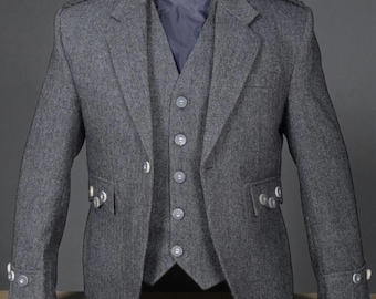 Argyll Charcoal Grey Tweed Wool Jacket Men’s Scottish Highland Kilt Wedding Coat