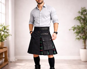 Utility-kilt heren zwarte cargozak Schotse stijl gotische modekleding