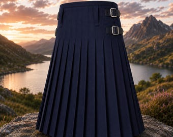 Handgemaakte marineblauwe wollen Schotse kilt 8 Yard – Heavyweight Highland Wear utility-kilt