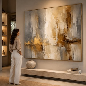 Puede incluir: Una gran pintura abstracta rectangular con pinceladas verticales en tonos dorados, blancos, grises y beige. La obra de arte está enmarcada con un borde dorado fino y se exhibe en una pared sobre un estante de piedra largo y bajo.