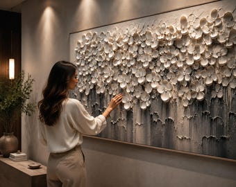 Lienzo floral 3D texturizado – Arte de pared moderno en tonos neutros, flores texturizadas contemporáneas