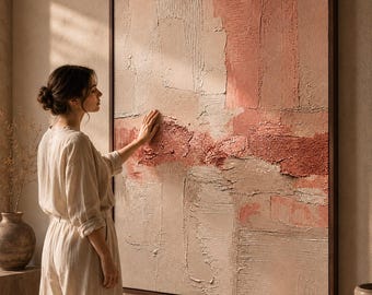 Blush Pink Textured Abstract Painting, Neutral Plaster Wall Art,120x150cm(walnut frame)