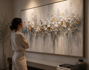 Getextureerd abstract bloemencanvas – moderne muurkunst met gouden accenten