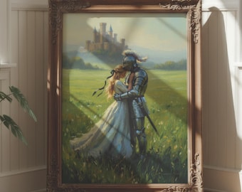 Medieval Knight and Princess Print, Romantic Castle Wall Art, Vintage Fantasy Poster, Digital Download