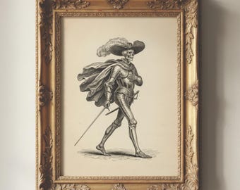 Vintage print skeletridder | Donkere academische kunst | Middeleeuwse harnasschets | Gotisch decor