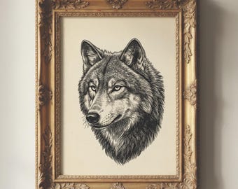 Vintage wolfskopafdruk | Rustiek hutdecor | Jachthuiskunst | Antiek bosdier