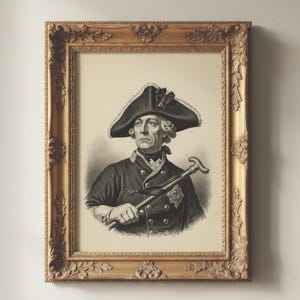 Puede incluir: Un grabado antiguo enmarcado de un hombre con abrigo y sombrero oscuros, sosteniendo un bastón. El marco dorado ornamentado rodea un grabado detallado en blanco y negro, destacando la expresión severa y el atuendo del hombre.