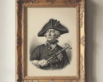 Grabado de Federico el Grande / Retrato del rey de Prusia / Arte militar alemán / Decoración Dark Academia