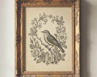 Vintage nachtegaalprint | Bloemenvogelkranskunst | Cottagecore-decor | Antieke schets