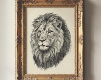 Vintage leeuwenkopprint | Dark Academia-decor | Safarimuurkunst | Antieke dierenposter