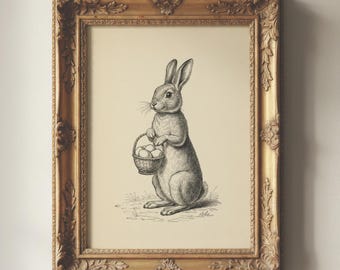 Vintage print met paashaas | Muurkunst lente | Cottagecore-decor | Antieke konijnenschets