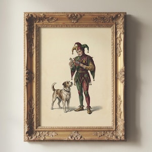 Vintage Jester Wall Art Print, Antique Clown Etching, Dark Academia Decor, Digital Download